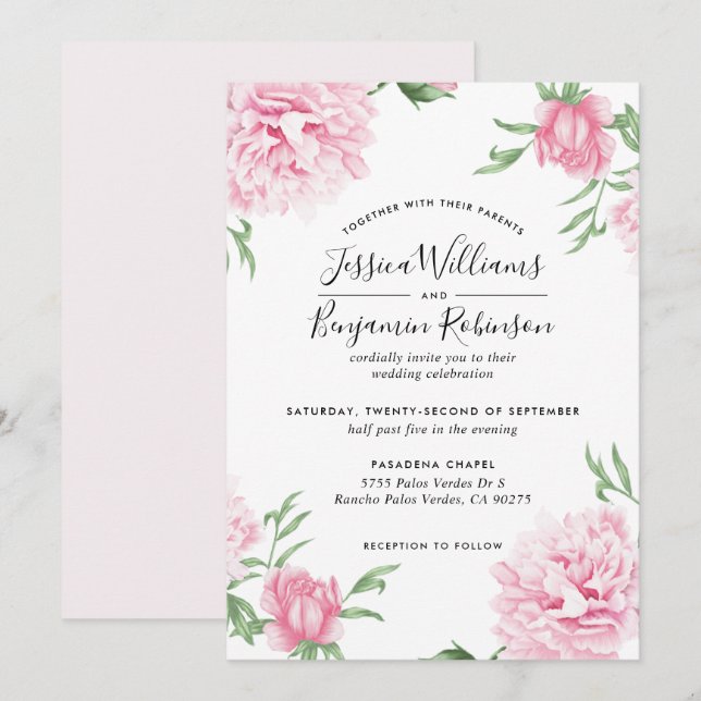 Floral Pink Peony with White Background Wedding Invitation (Front/Back)