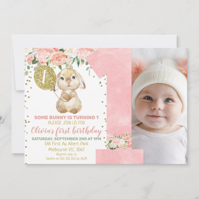 Floral Pink Photo Fluffy Bunny 1st Birthday Invitation (Front)