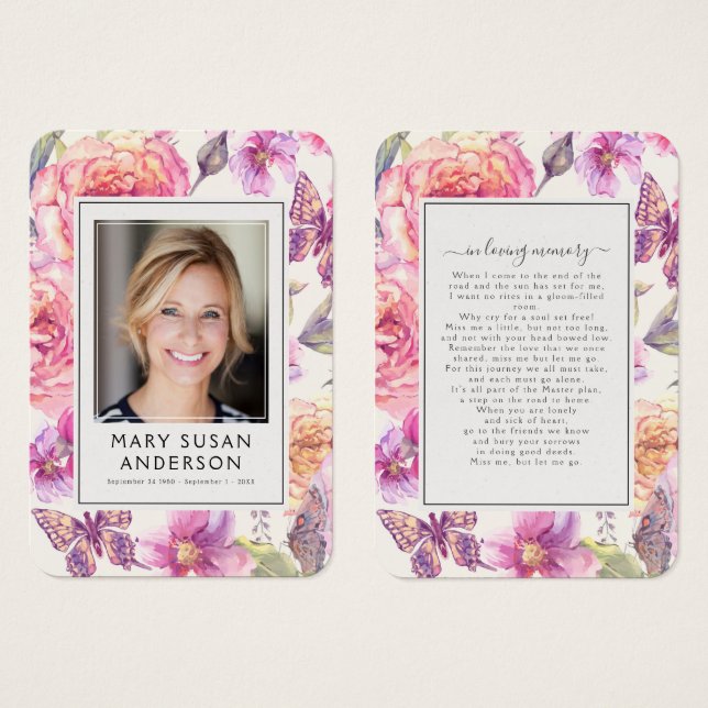 Floral Pink Photo Funeral Memorial Poem Card (Front & Back)