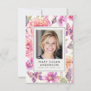 Floral Pink Photo Funeral Memorial Poem Card