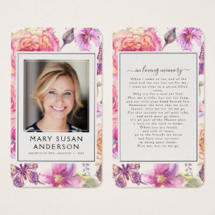 Floral Pink Photo Funeral Memorial Poem Card