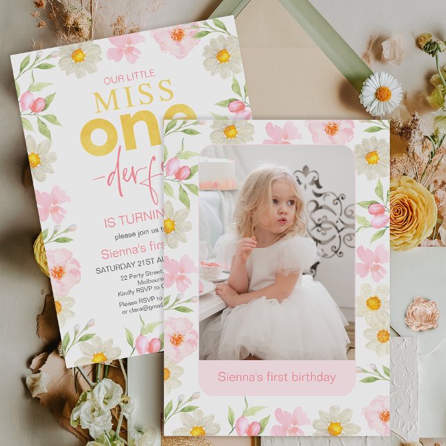 Floral Pink Photo Miss Onederful 1st Birthday Invitation (Photo Miss Onederful 1st Birthday Invitation Template, Girls Onederful First Birthday Invitation )