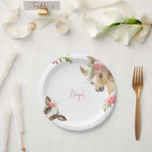 Floral Pink Pony & Cow Baby Shower White Paper Plate