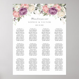 Floral Pink Purple 12 Tables Wedding Seating Chart