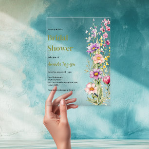 Floral pink purple clear Bridal Shower Acrylic Invitations