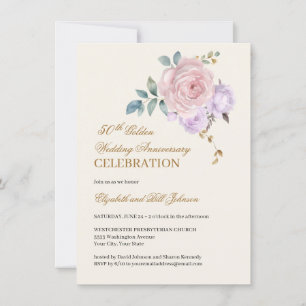 Floral Pink Purple Gold 50th Wedding Anniversary Invitation