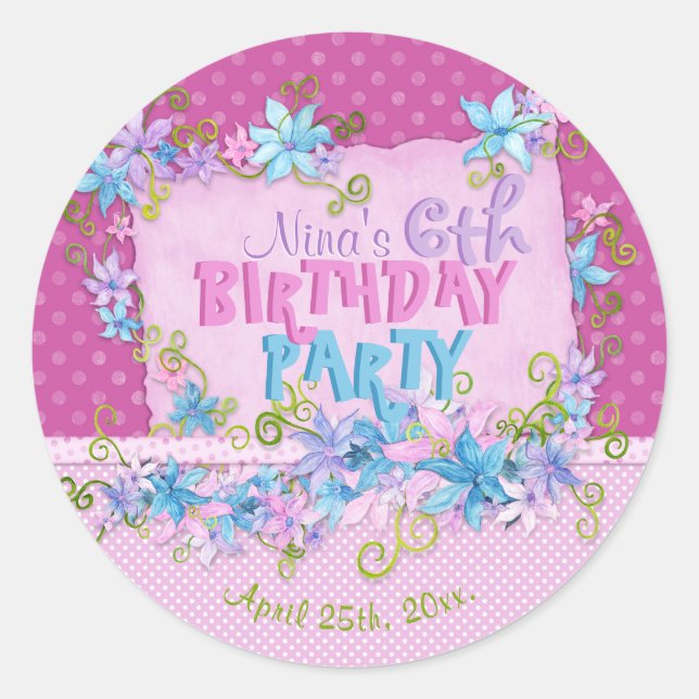 Floral Pink Purple Polka Dots Birthday Party Classic Round Sticker (Front)