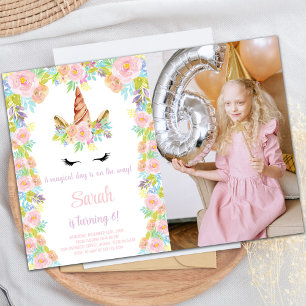 Floral Pink purple Unicorn Birthday Photo Invitation