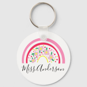 Floral Pink Rainbow Personalised Teacher Gift Key Ring