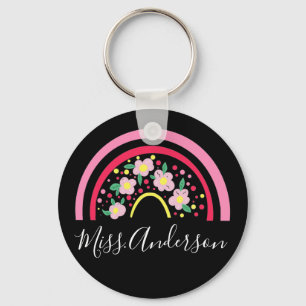 Floral Pink Rainbow Personalised Teacher Gift  Key Ring
