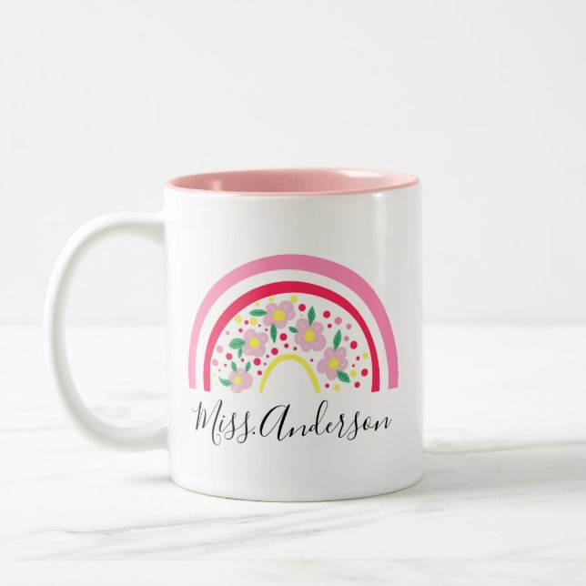 Floral Pink Rainbow Personalised Teacher Gift  Two-Tone Coffee Mug (Left)