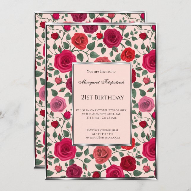 Floral pink red flowers 21st Birthday  Invitation (Front/Back)