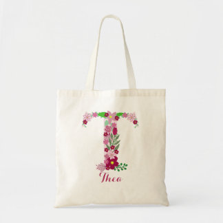 Floral Pink Red Green Letter "T" Bridesmaid Tote Bag