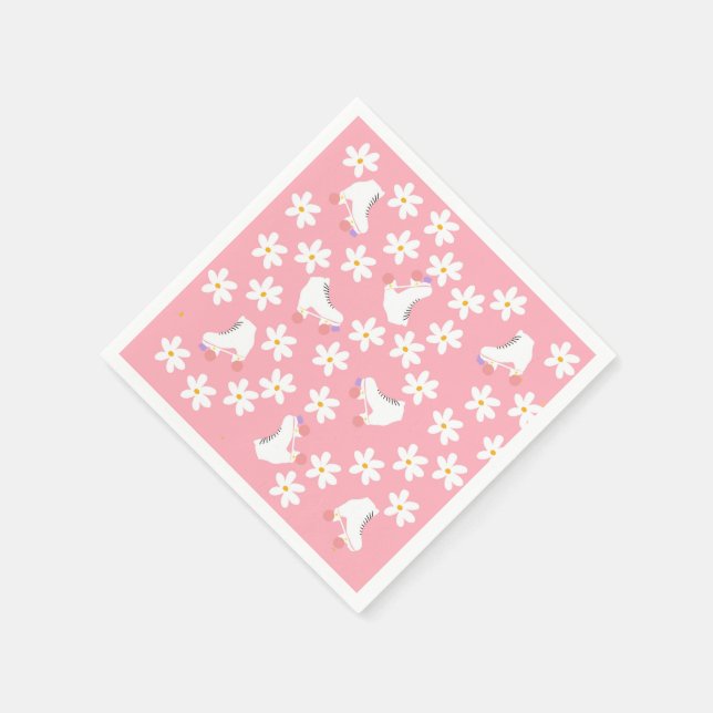 Floral Pink Roller Skates Roller Skating Birthday  Napkin (Corner)