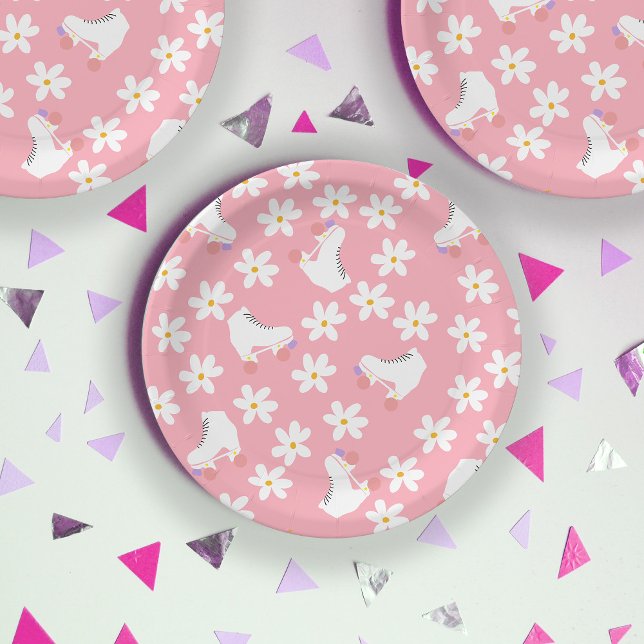 Floral Pink Roller Skates Roller Skating Birthday Paper Plate (Creator Uploaded)