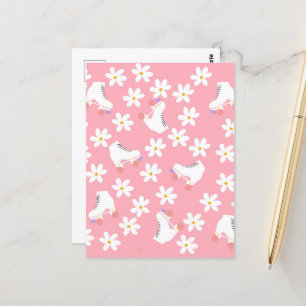 Floral Pink Roller Skates Roller Skating  Postcard