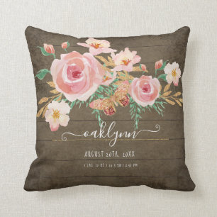 Floral Pink Rose Baby Girl Birth Stats Rustic Wood Cushion