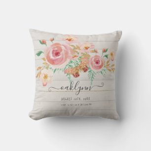 Floral Pink Rose Baby Girl Birth Stats White Wood Cushion