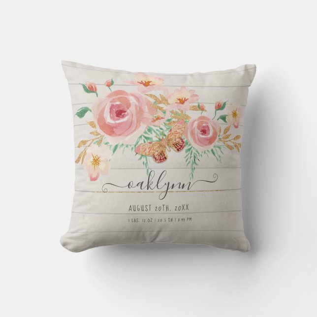 Floral Pink Rose Baby Girl Birth Stats White Wood Cushion (Front)