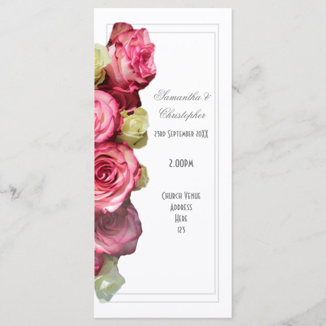 Floral pink rose church wedding program (Front)