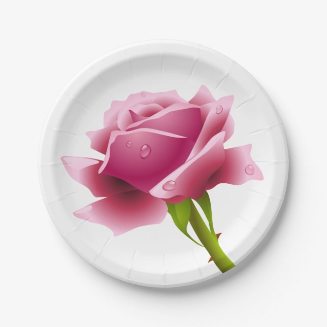 Floral Pink Rose Flower - Wedding / Party Paper Plate (Front)