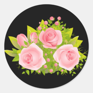 Floral Pink Rose Flowers Black Classic Round Sticker