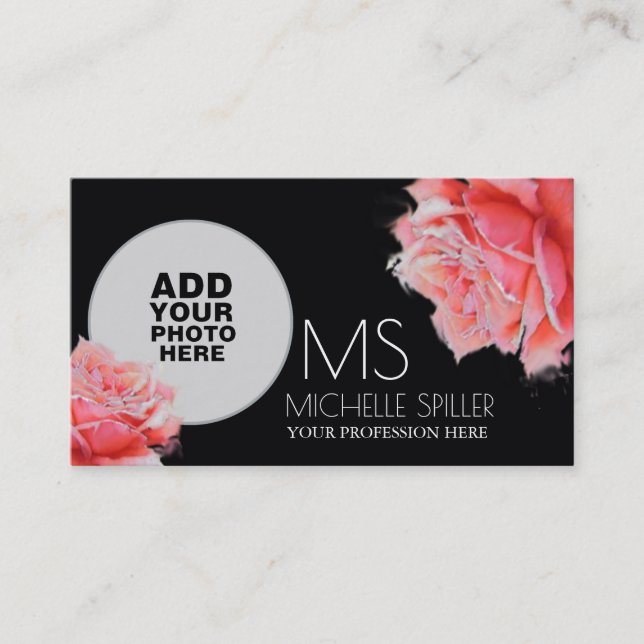 Floral Pink Rose for elegant women, photo black Business Card (Front)