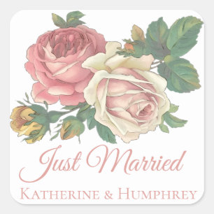 Floral Pink Rose Just Married Floral Wedding Square Sticker