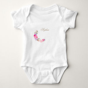 Floral Pink Rose Personal Name Baby Bodysuit