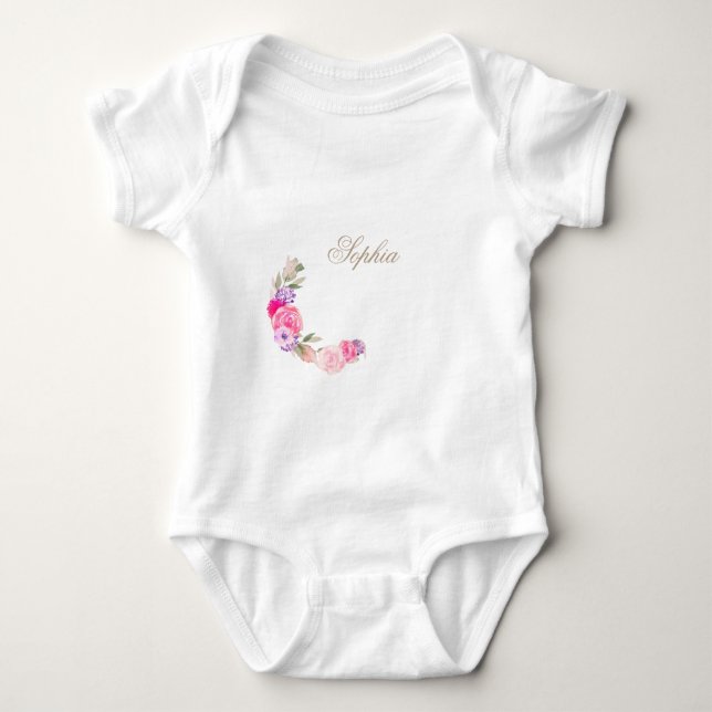 Floral Pink Rose Personal Name Baby Bodysuit (Front)