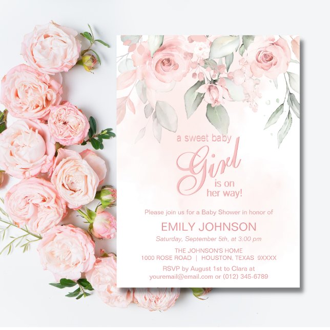 Floral Pink Rose Sweet Baby Girl Baby Shower Invitation (Creator Uploaded)