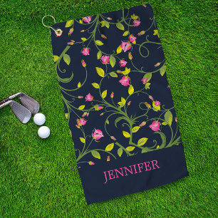 Floral Pink Rose Vine Navy Elegant Personalised Golf Towel