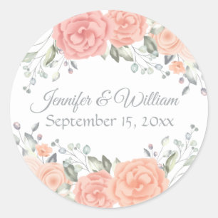 Floral Pink Rose Watercolor Flower Summer Wedding Classic Round Sticker