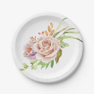 Floral Pink Rose Watercolor Flower Wedding Party Paper Plate