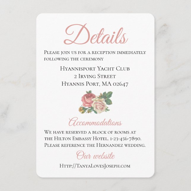 Floral Pink Rose Wedding Directions Details Enclosure Card (Front)