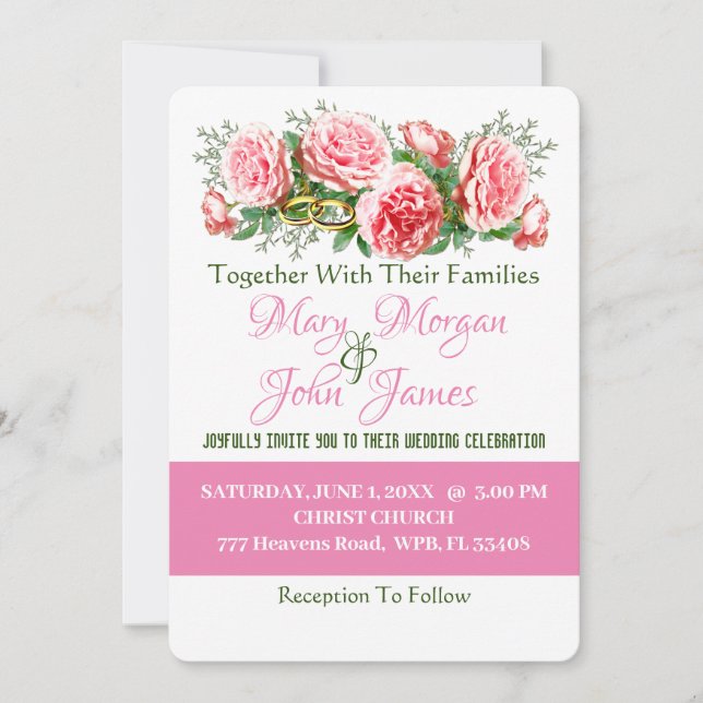 Floral Pink Rose, White & Green Wedding  Invitatio Invitation (Front)