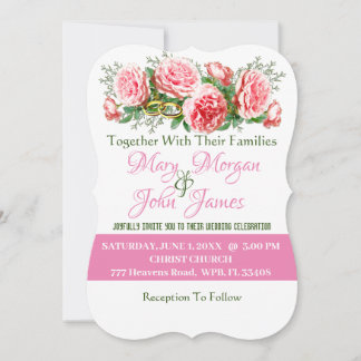 Floral Pink Rose, White & Green Wedding Invitation