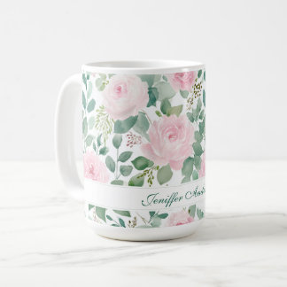 Floral Pink Rose with Custom Name Coffee Mug