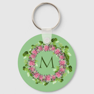 Floral Pink Rose Wreath Monogram Key Chain