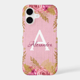 Floral Pink Roses and Gold Foil Monogram