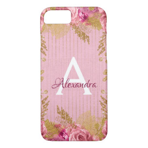 Floral Pink Roses and Gold Foil Monogram iPhone 8/7 Case