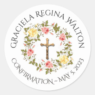 Floral Pink Roses Crucifix  Confirmation Classic Round Sticker
