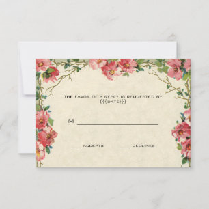 Floral Pink Roses Flowers, Vintage Wedding RSVP Card