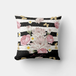 Floral Pink Roses Golden Butterflies White Black Cushion