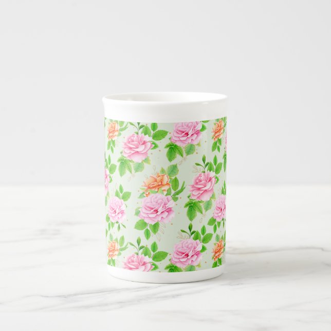 Floral Pink Roses Pattern Bone China Mug (Front)