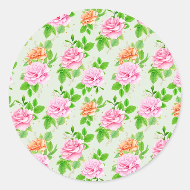 Floral Pink Roses Pattern Classic Round Sticker (Front)