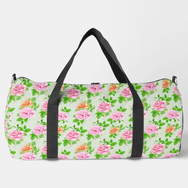 Floral Pink Roses Pattern Duffle Bag (Front)
