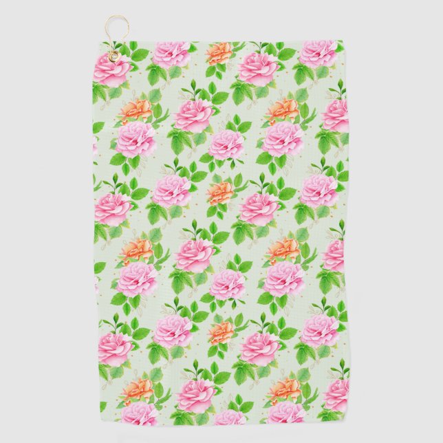 Floral Pink Roses Pattern Golf Towel (Front)