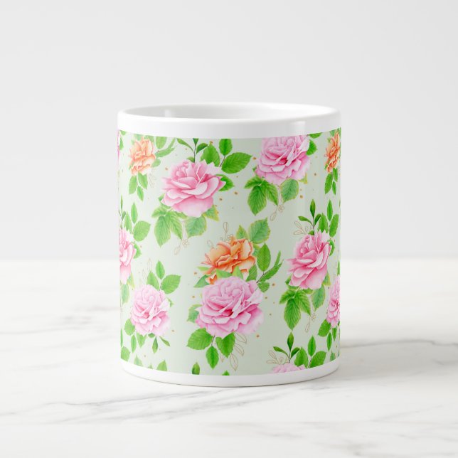 Floral Pink Roses Pattern Large Coffee Mug (Front)