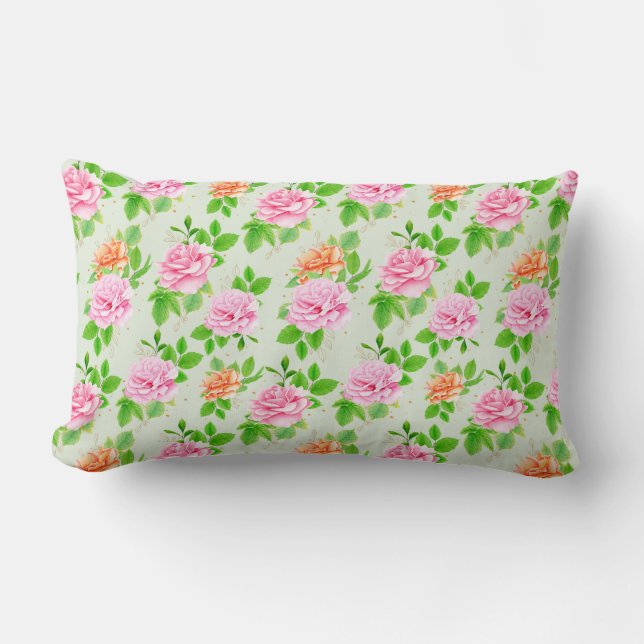 Floral Pink Roses Pattern Lumbar Cushion (Front)
